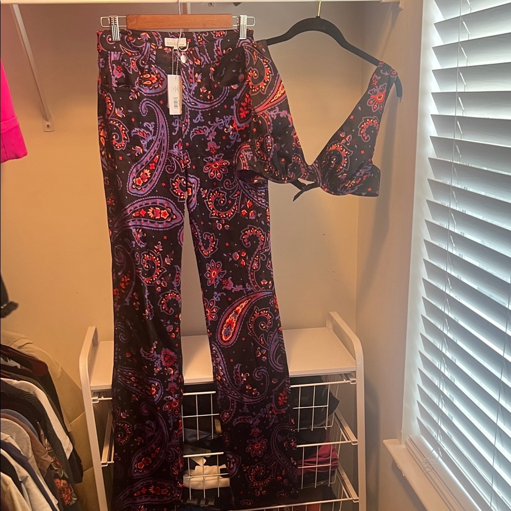 DANIELLE BERNSTEIN Purple and Red Paisley Wide Leg Pants and Matching Bra Top